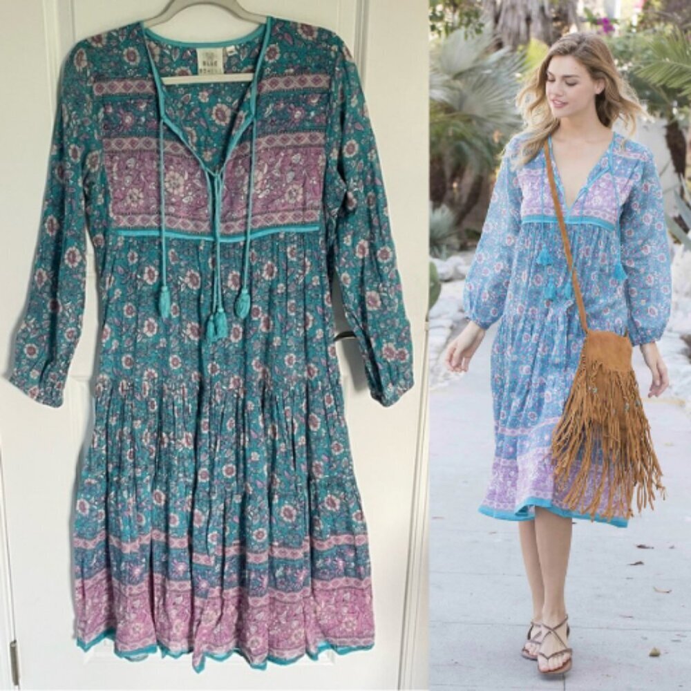 Blue Boheme Floral Long Sleeves Midi Dress M / L - 47558